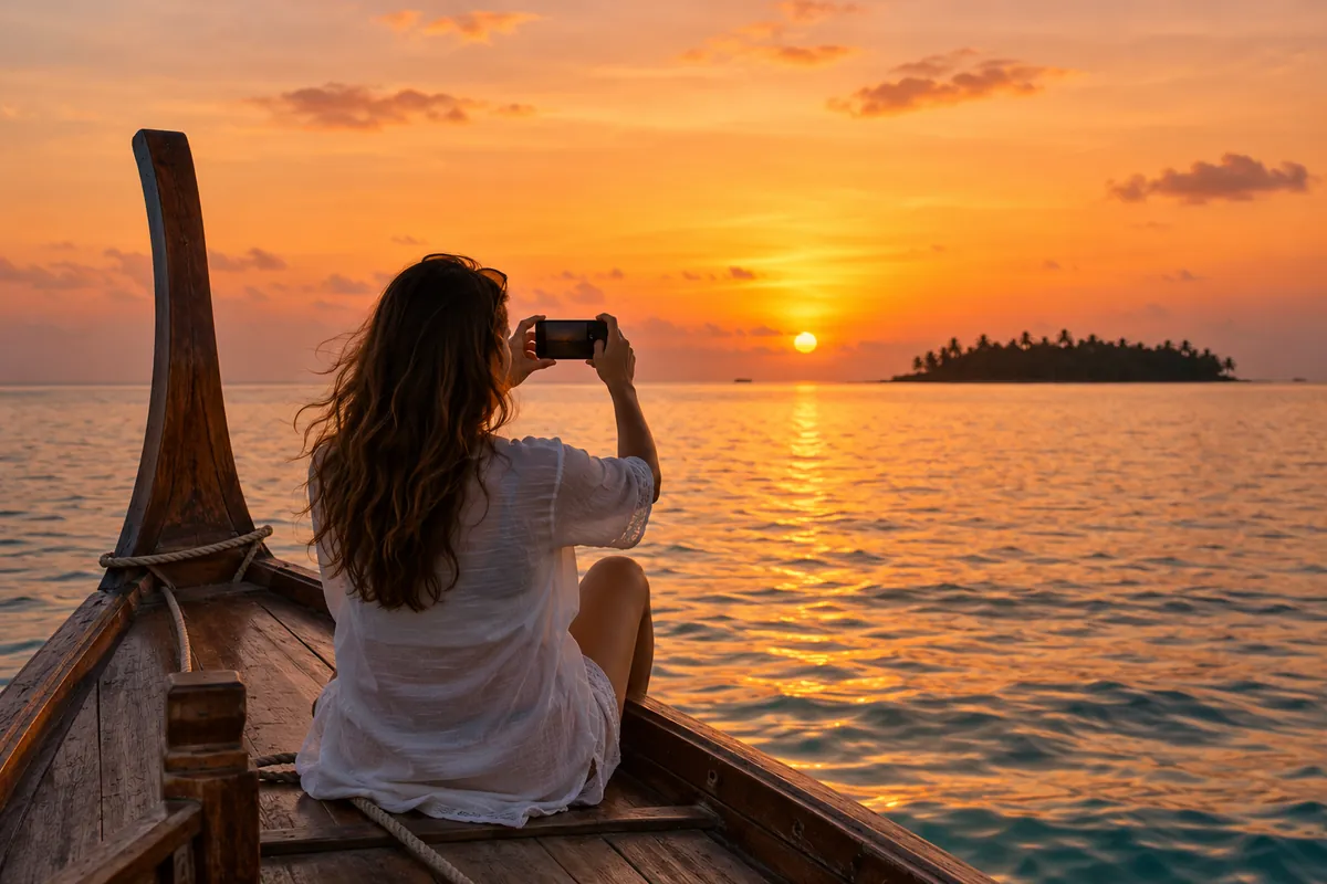 Traveler at the bow of a wooden dhoni taking a phone photo of the sunset over a calm sea and a small island