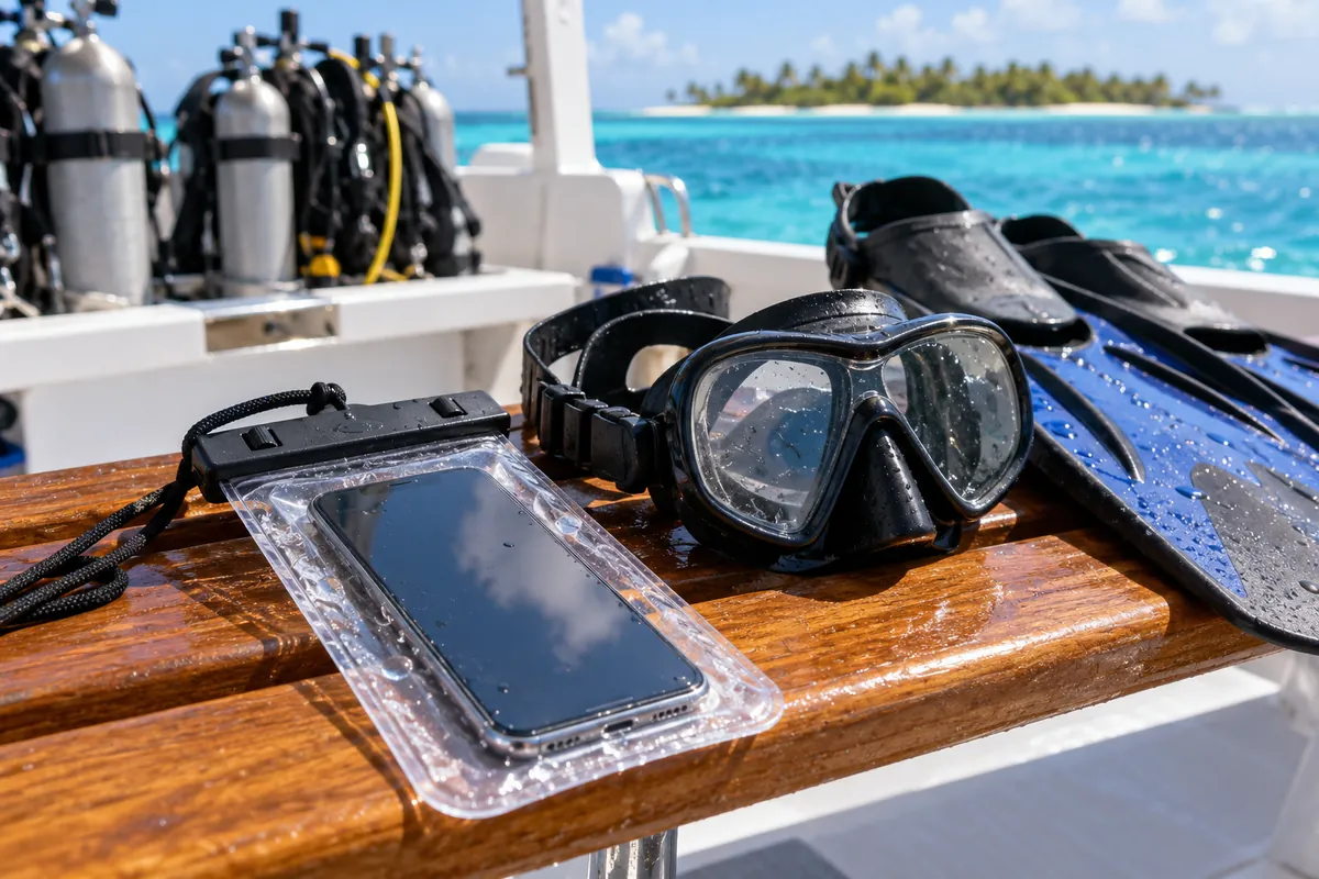 Phone in a clear waterproof pouch beside a dive mask and fins on a dive boat bench, with scuba tanks behind