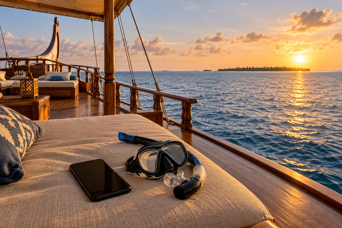 Phone and snorkel mask on a cushion on the wooden deck of a liveaboard boat at sunset