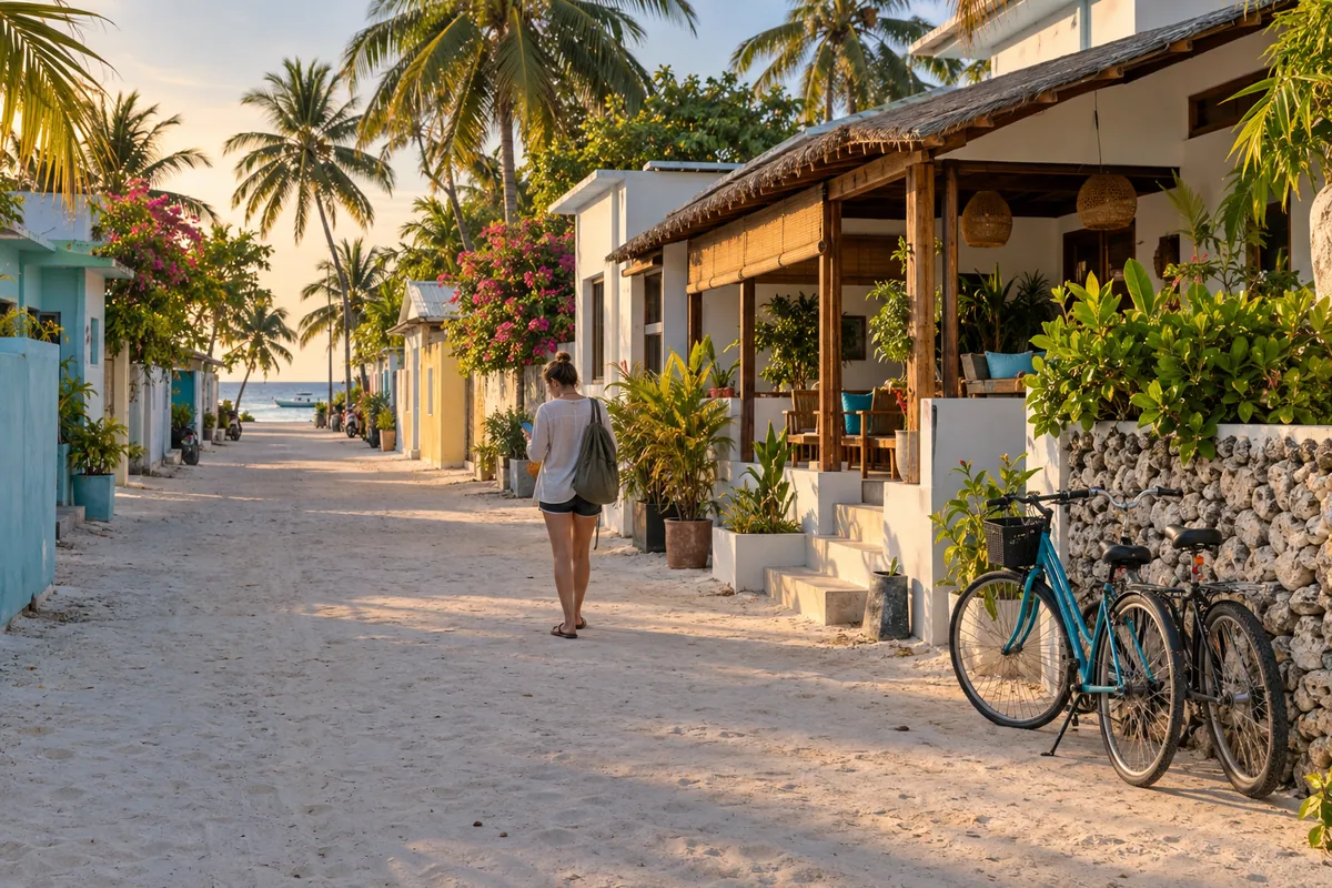 Traveler walking down a sandy street past a guesthouse veranda and parked bicycles on a local island