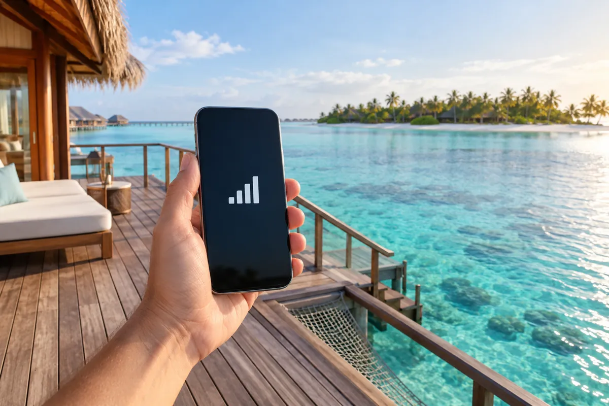 Hand holding a smartphone on an overwater villa deck above a turquoise lagoon