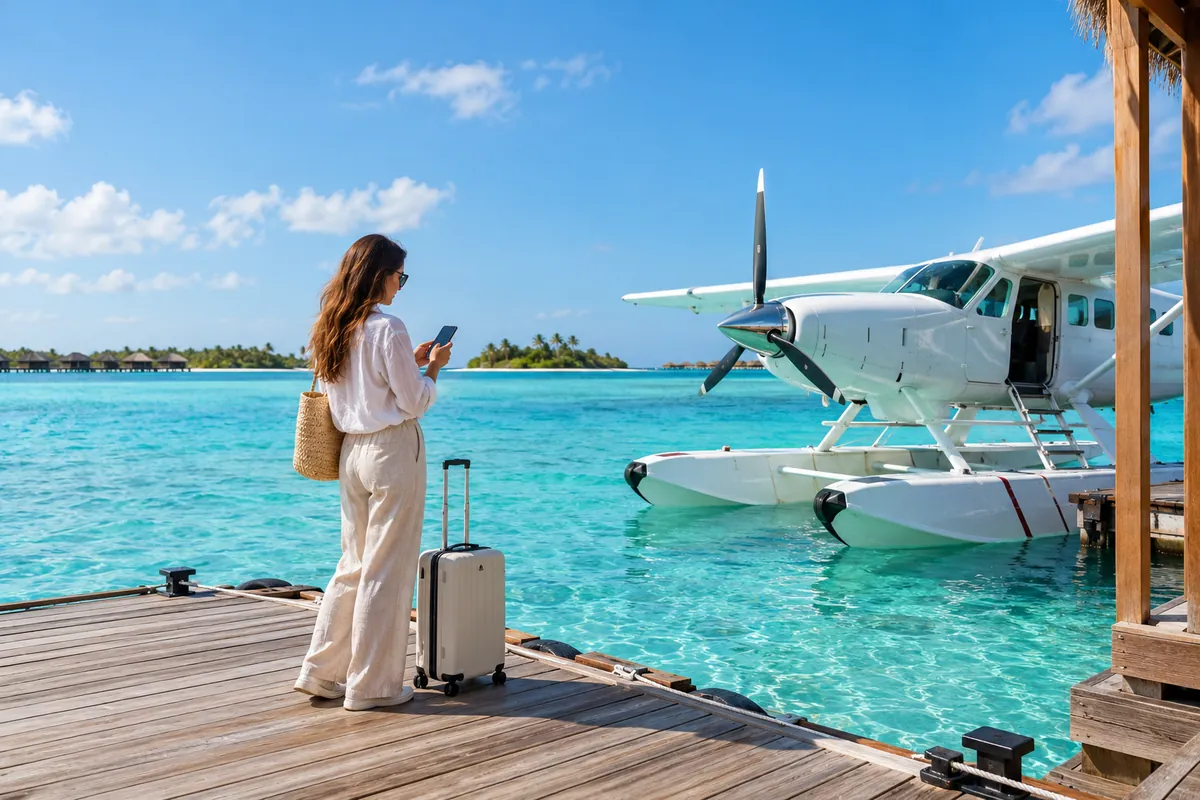 Traveler with a suitcase checking her phone on a wooden jetty beside a moored seaplane in a turquoise lagoon