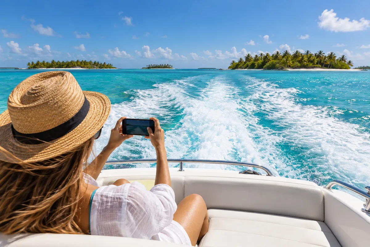 Traveler in a sun hat holding up a phone at the back of a speedboat crossing a turquoise lagoon