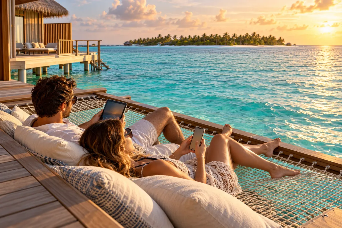 Couple lying in a hammock net on an overwater villa deck, one with a tablet and one with a phone