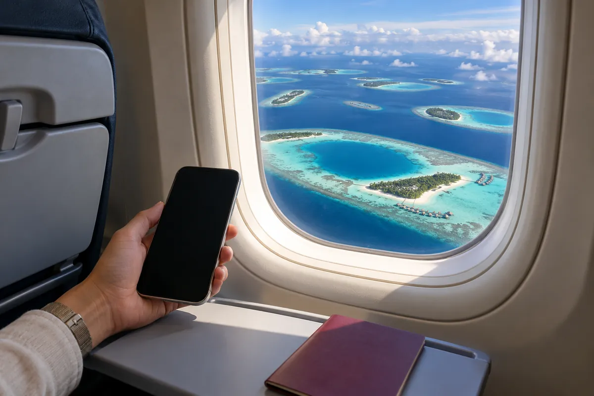 Hand holding a phone beside a plane window looking down on turquoise atolls, with a passport on the tray table